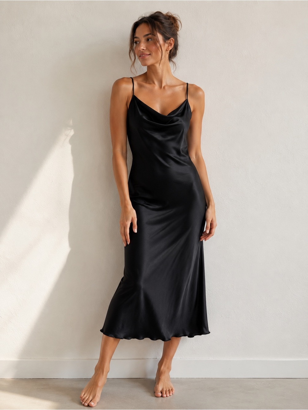 bebe Black Satin Cowl Midi Slip Dress S